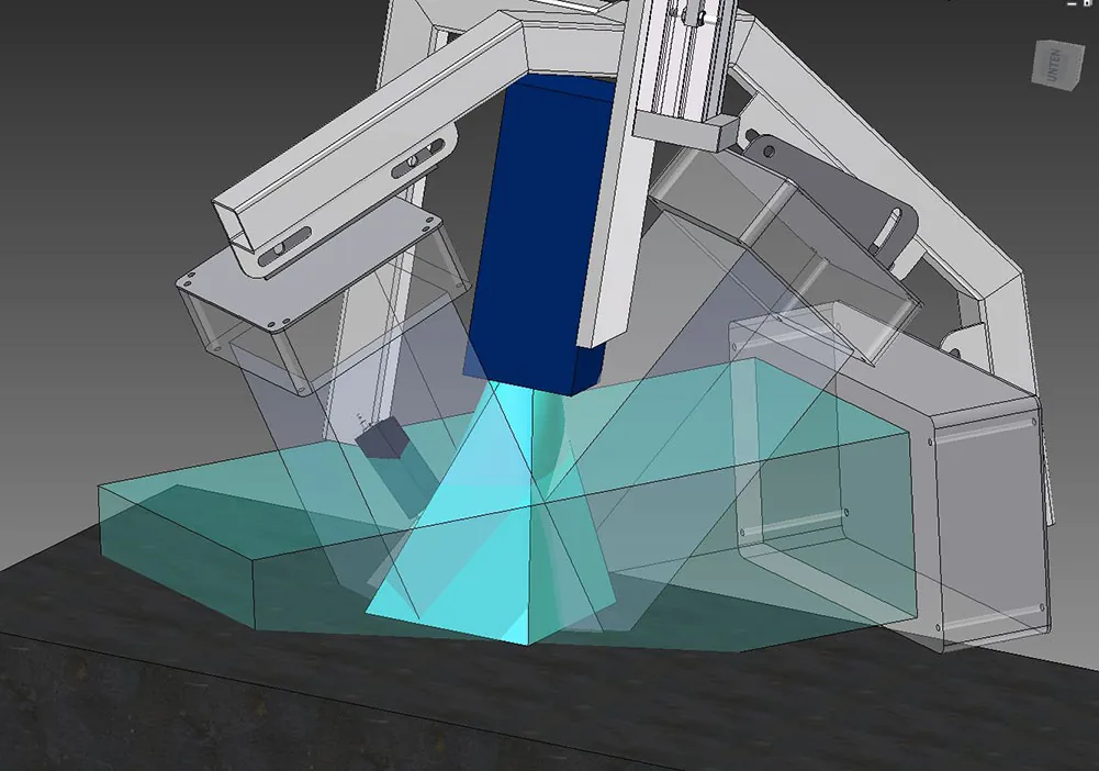 CAD-Ansicht einer Kamera mit Sichtkegel über einem Prüfobjekt