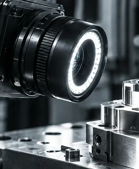 Optischer Prüfkopf mit Ringlicht über einem Metallbauteil